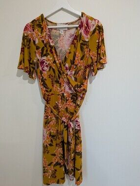 Mustard Yellow Floral Midi stretch Wrap Dress (Size 12)
